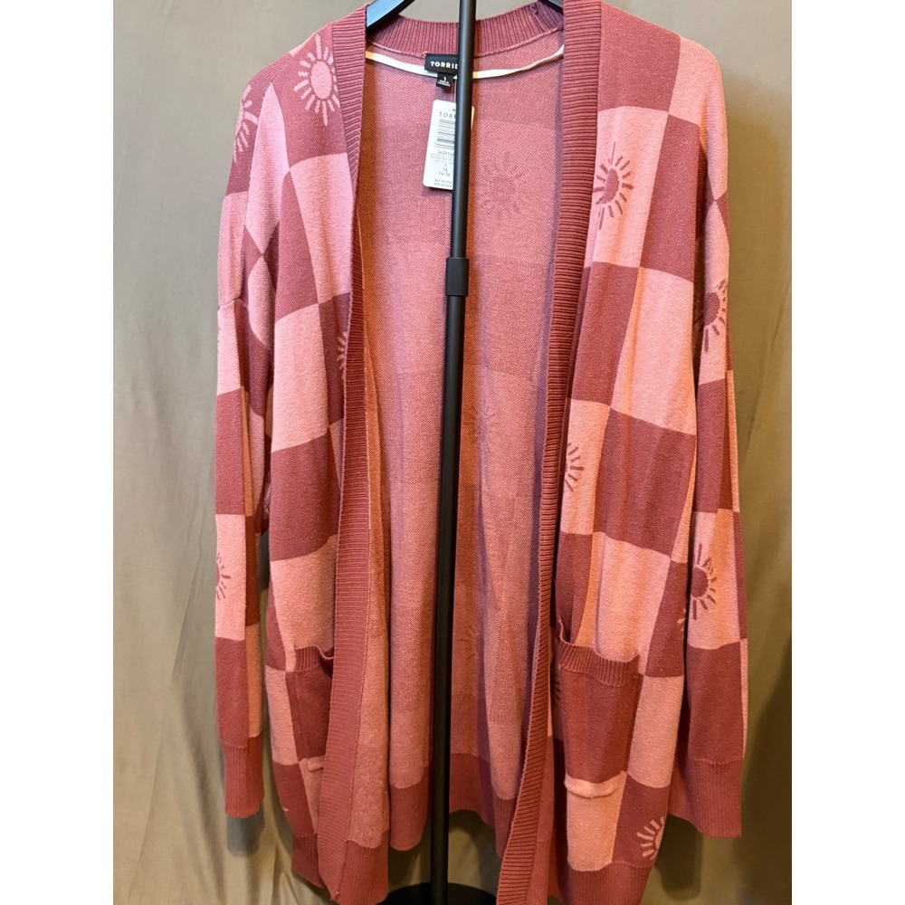 Torrid Sun Checkered Cardigan Mauve Pink Cotton Blend Pockets Size 1 1X NEW
